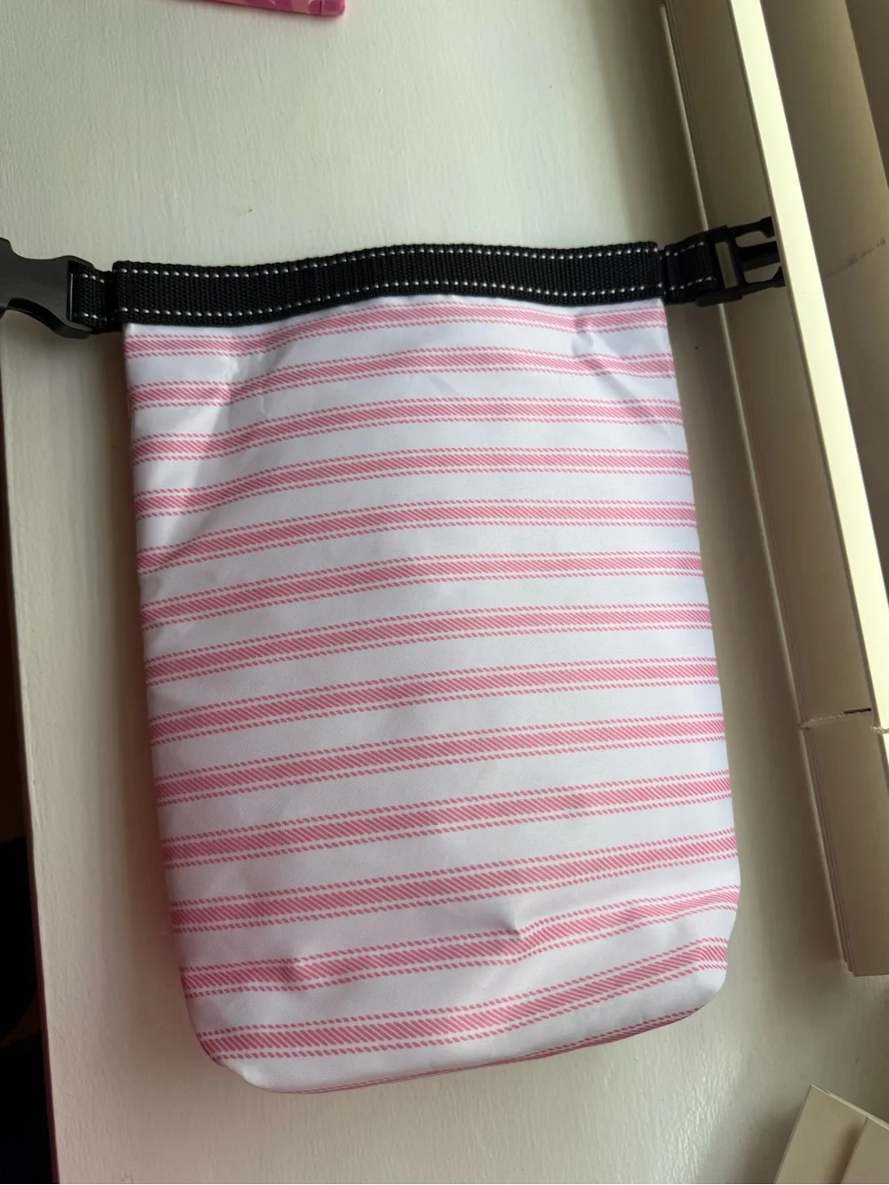 Scout Pink and White Striped Roll-Top Lunch Pouch with Black Strap